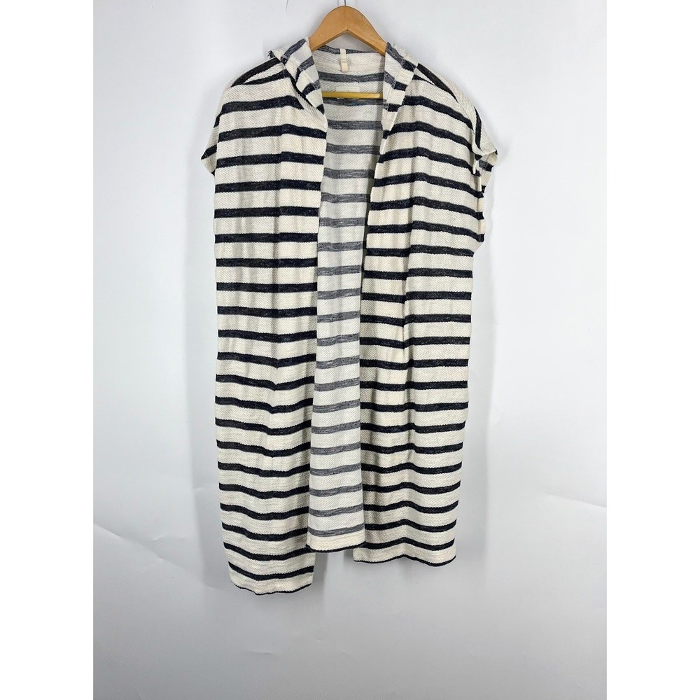 Lou & Grey Womens Striped Longline Hooded Cardigan Open Front Blue Cream Knit